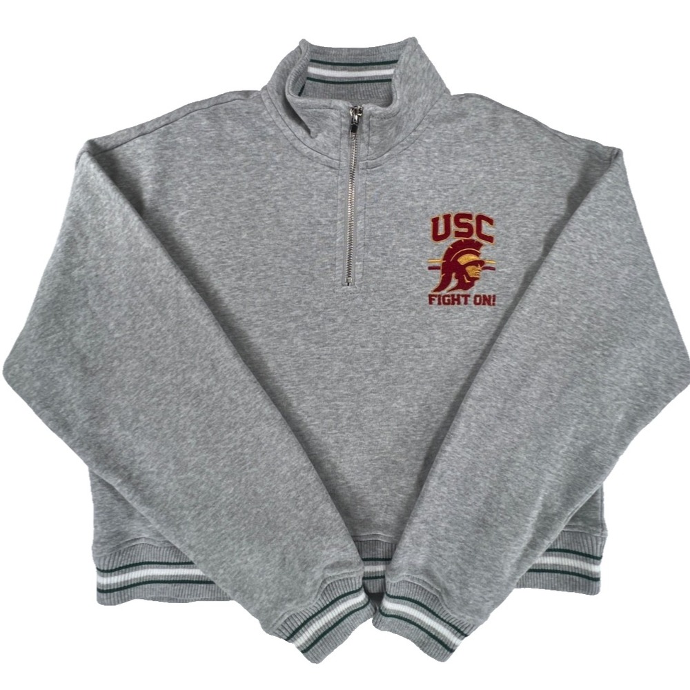 USC Trojans Pullover Sweatshirt Quarter Zip Womens XS Cropped Gray NCAA Fight On - Picture 1 of 9